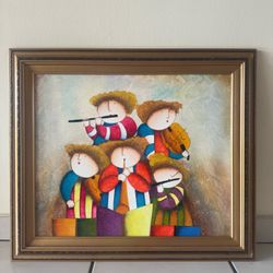 This artwork is a collectible reproduction painting by artist Joyce Roybal featuring a group of children playing musical instruments. 