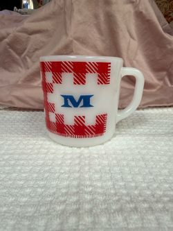 Vintage Westfield Milk Glass Mug – Red Plaid Blue 'M' Monogram