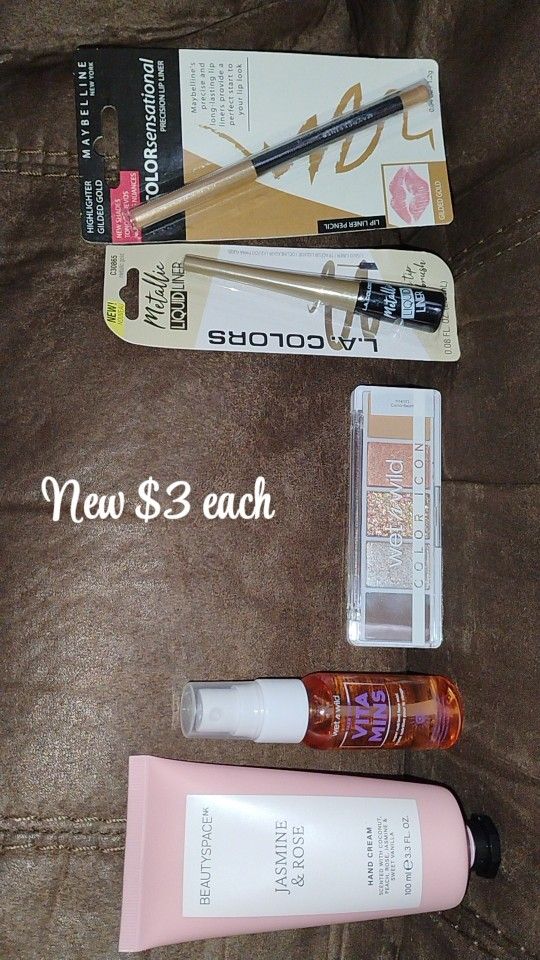 NEW NUEVOS Hand creams, face mist, eyeshadow palettes, liquid eyeliners, and lip liners. $3 each $3 Cada Uno.