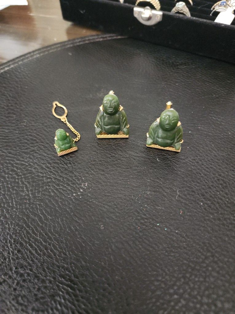 Vintage Gold Plated Jade Buddah Cufflinks And Tie Pin