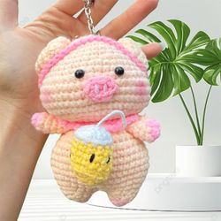 Cute Gift Handmade Yarn Knit Crochet Collectible Pig with boba cup Keychain