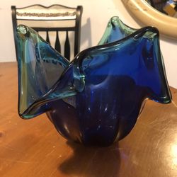 White Cristal Murano Made In Italy Blue Hand blown Glass Bowl Vase