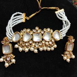 Kundan Choker Necklace Indian Bollywood Pakistani Jewellery Navy Royal Blue Jewery Set  Pearls Off White