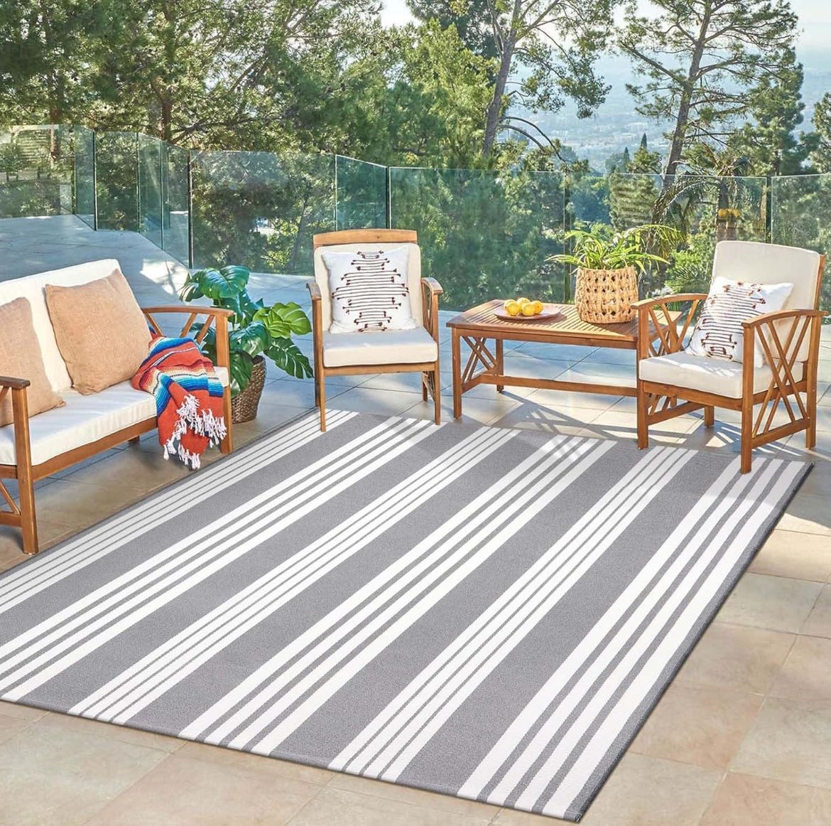 4'x6' Washable Reversible Hand-Woven Grey and White Striped Outdoor Rug, NEW, $35 Each
