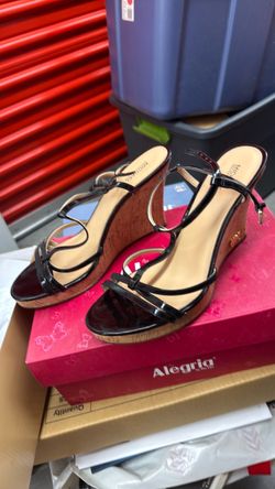 Size 11 black patent leather cork wedge heel sandals