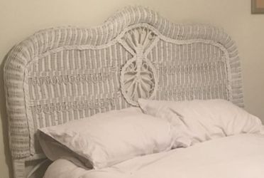 Vintage White Wicker Headboard, Full / Queen / Double, Boho Coastal Rattan