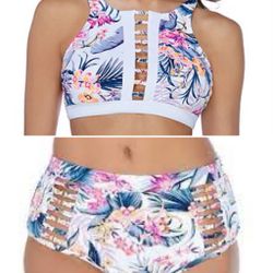 Ambrielle Floral Bikini Swimsuit Top and High Waist Bottom NWT