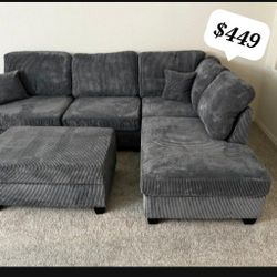 Brand New Dark Grey Sectional Sofa With Ottoman Corduroy 