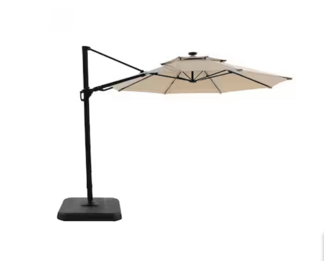 allen + roth 11-ft Aluminum Beige Crank Cantilever Patio Umbrella with Lights with Base