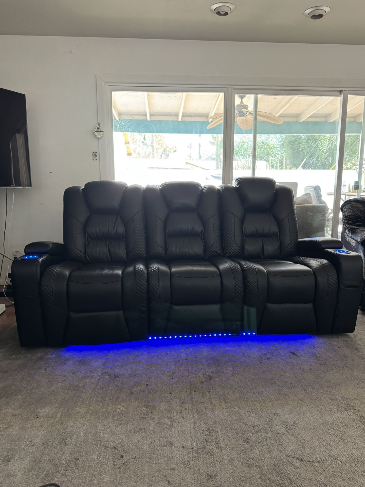 Black Leather Couch W/ Recliners And Cup Holders