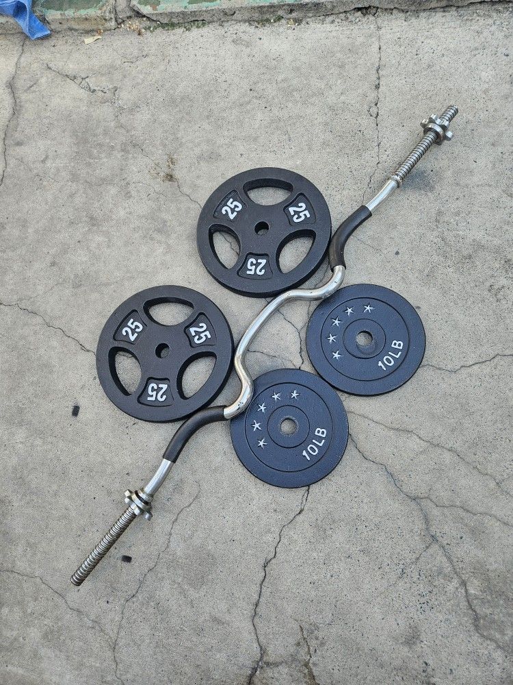 Curl Bar With Cushion Grips & 70lbs Weight Plates