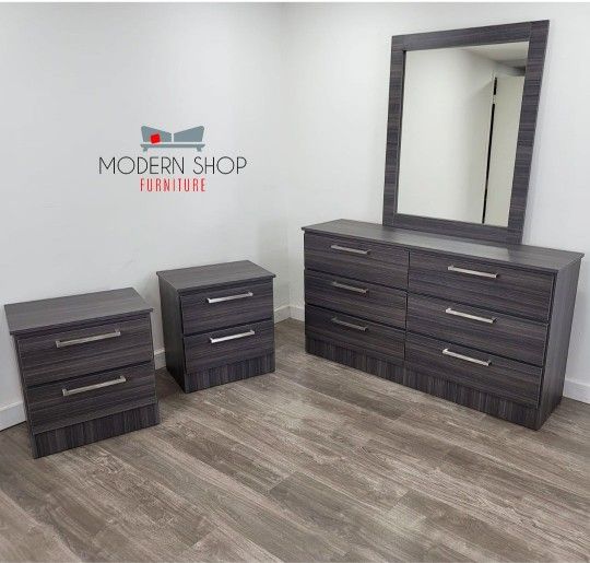 DRESSER WITH MIRROR AND TWO NIGHTSTANDS