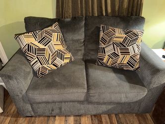Gray Fabric Loveseat with Accent Pillows + 2 Recliners
