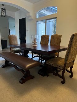 Solid Wood Dining Set with 4 Upholstered Chairs & Leather Bench