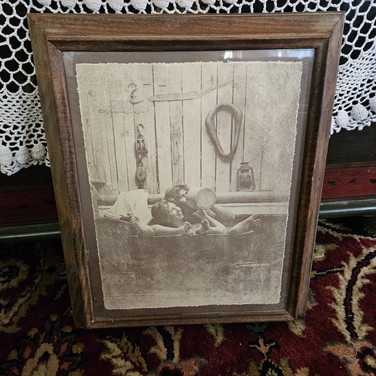 Vintage Rolland D Hendrickson Sepia Photo Print Couples Bath Time Wood Framed Wall Hanging cottage