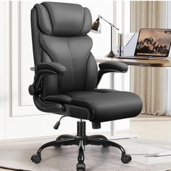 Office Chair, Ergonomic Big and Tall Computer Desk Chairs, Executive Breathable Leather Chair with Adjustable High Back Flip-up Armrests, Lumbar Suppo