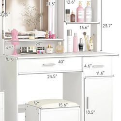 Desk with Mirror and Lights, Makeup Vanity Table with Drawers & Cabinet, 3 Lighting Modes Adjustable Brightness, Ultimate Vanity Experience Combining 