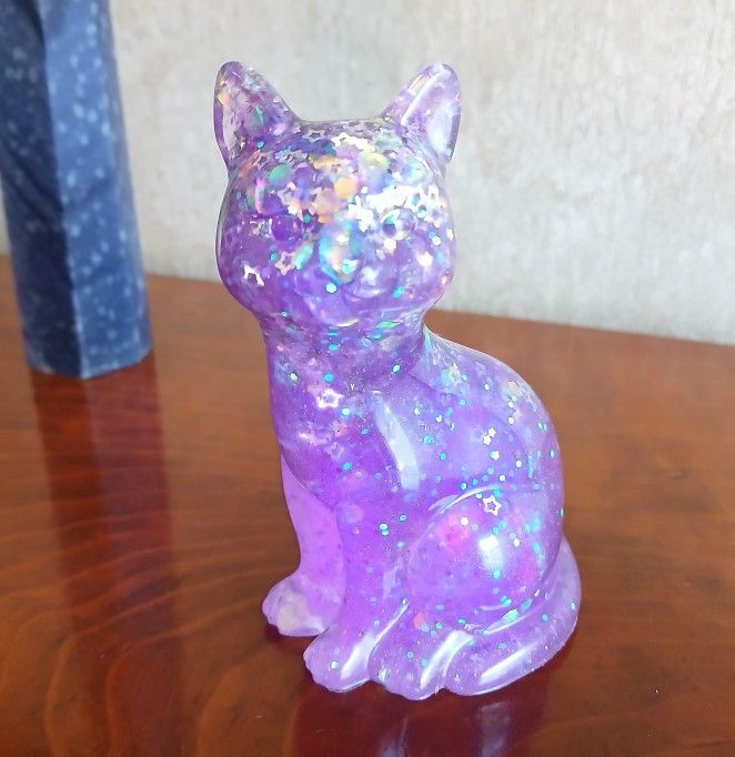 Purple galaxy resin cat figurine with iridescent and holographic star glitter