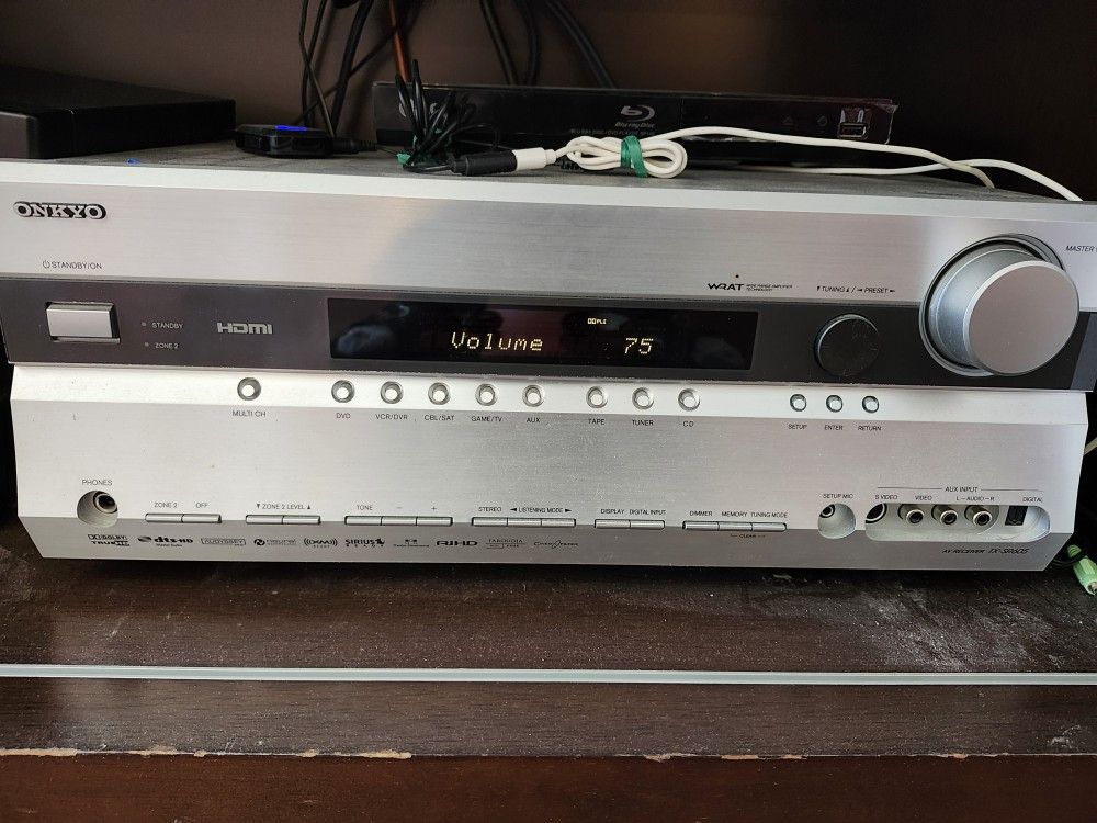 25 Years Old Onkyo Receiver Amplifier And Onkyo Bookshelf Speakers With Speaker Stand And Powered Subwoofer