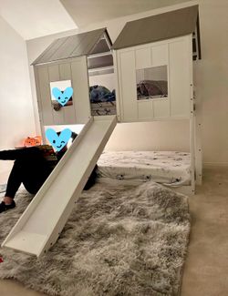 Kids House Bunk Bed with Slide – Twin Over Twin