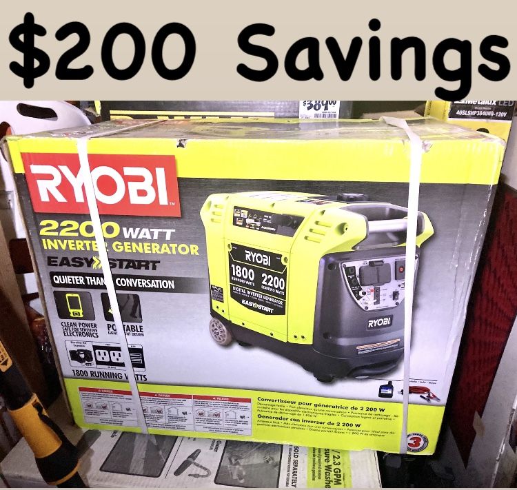 Ryobi Inverter / Generator 2200 Starting Watts 1800 Running Watts. Brand Me In Factory Sealed Box. Never Used.