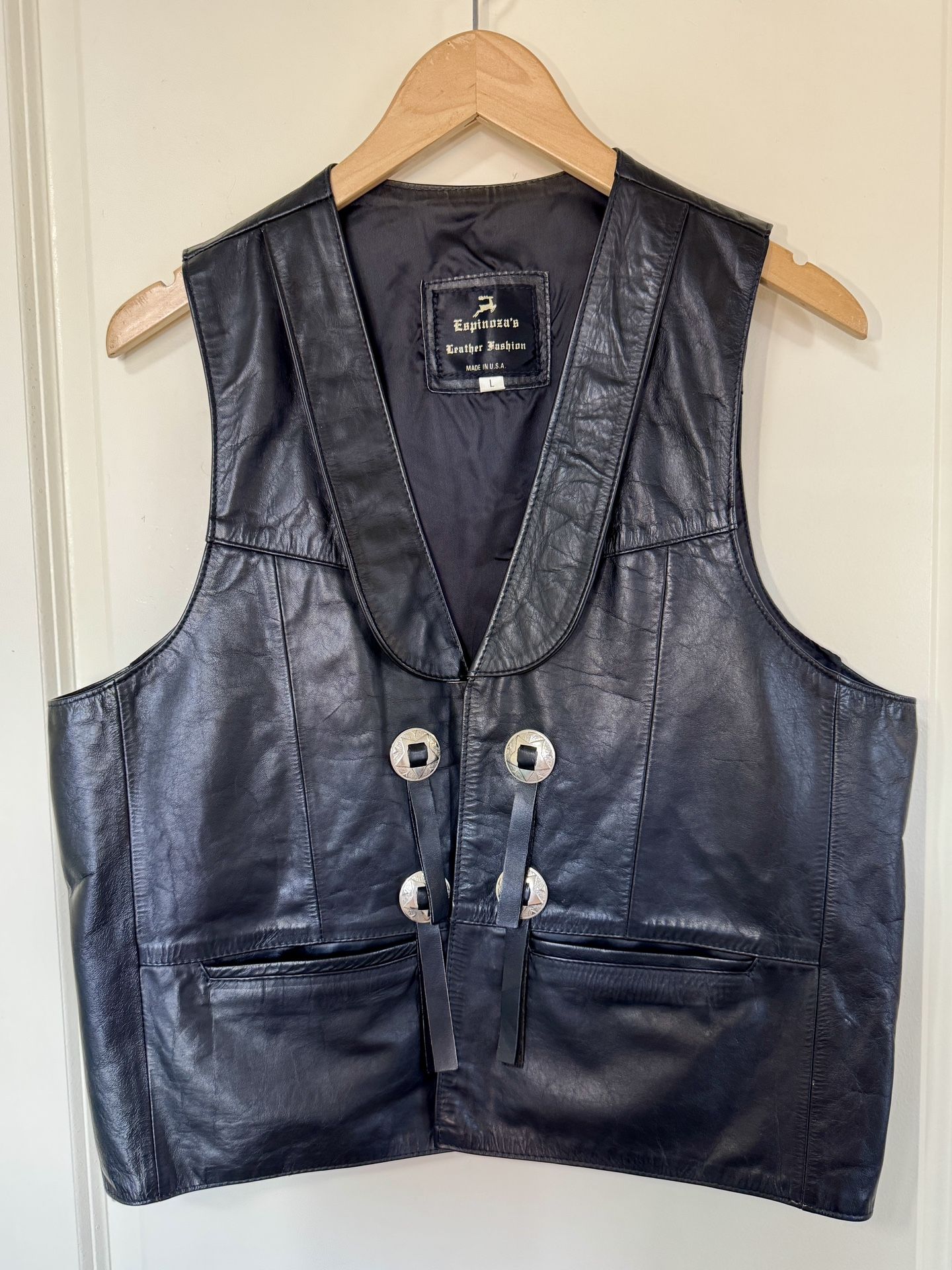 Vintage Espinoza’s Leather Fashion Western Biker Vest Black Concho Fringe L USA