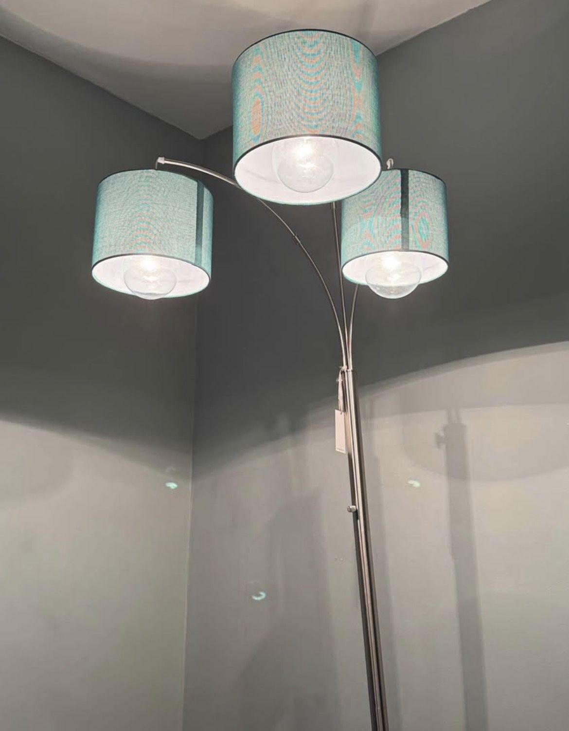 84” Metal Floor Lamp With Three Lights And blue Linen Shades