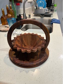 Vintage Hand Carved Sunflower Collapsible Wooden Fruit Basket