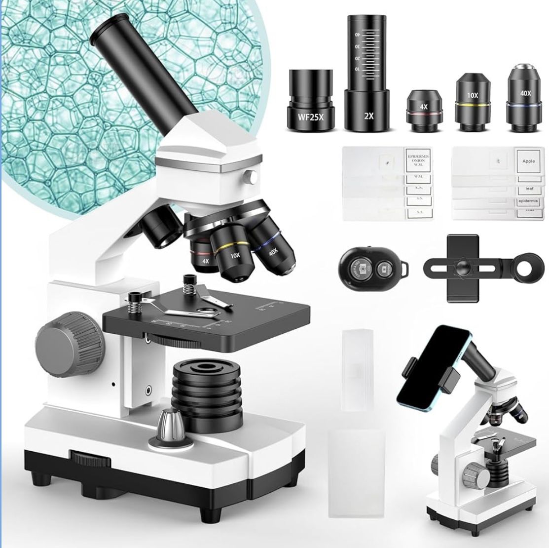 Professional Compound Microscopes for Adults.Students 2000X Magnification Lab & Home Microscope with Phone Adapter, Complete Slides Set