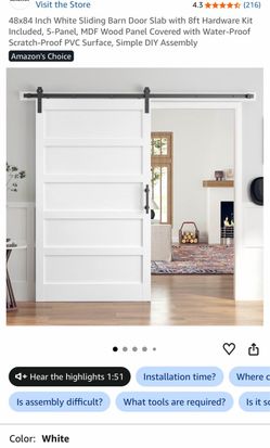 48x84 Inch White Sliding Barn Door Slab with 8ft Hardware Kit Included, 5-Panel, MDF Wood Panel Covered with Water-Proof Scratch-Proof PVC Surface, Si