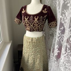 Deep burgundy, gold, mint Lehenga  set