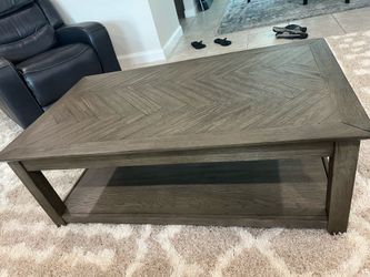 Modern Gray Herringbone Coffee Table with Storage Shelf