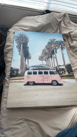 Pink VW Bus Beach Canvas Wall Art