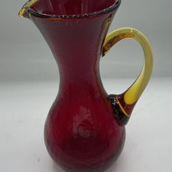 Red Two Tone Hand Blown Glass Pitcher Mid Century 