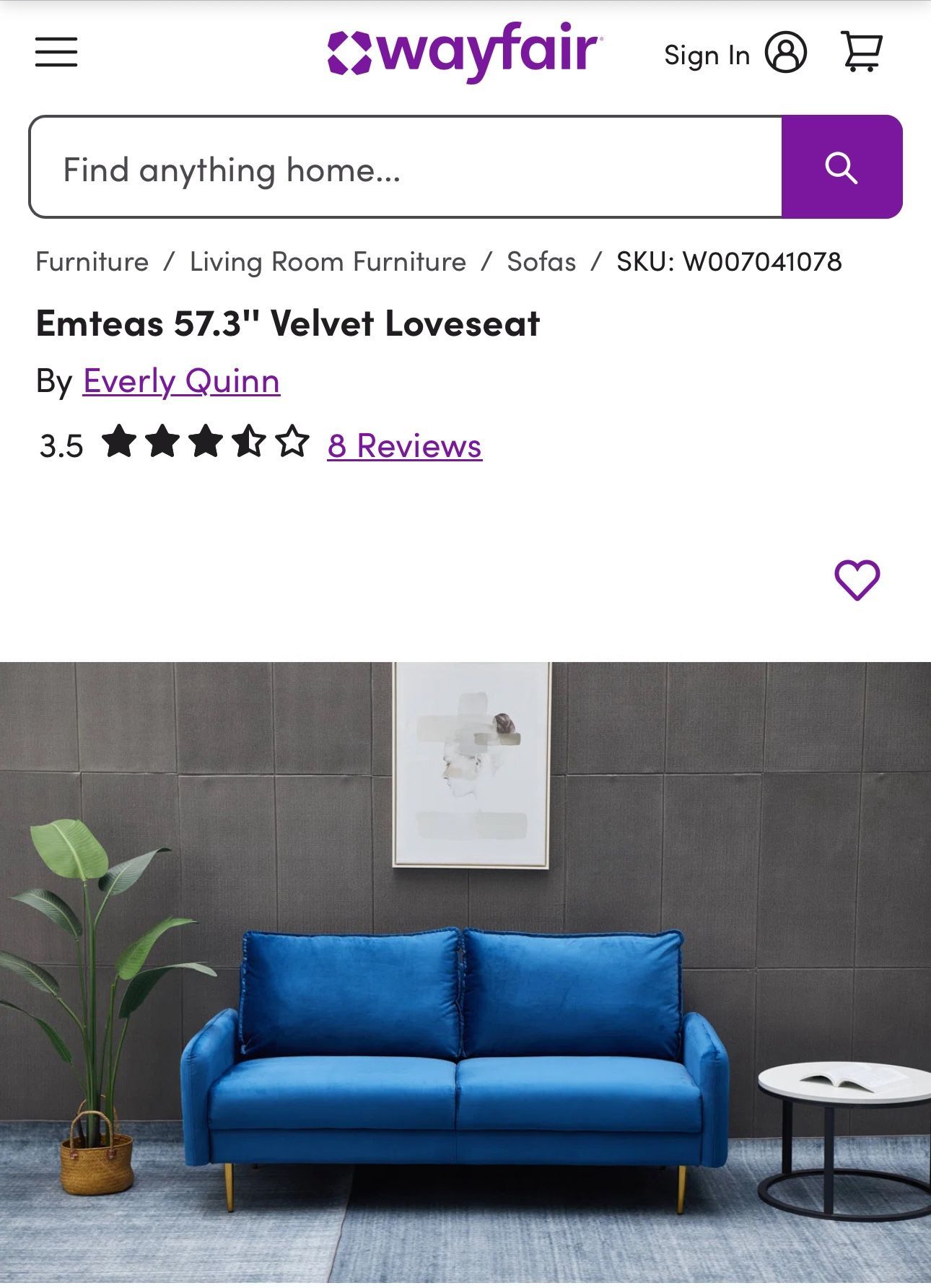 Brand New Velvet Blue Loveseat Couch
