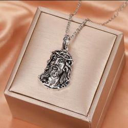 Men's Jesus Face Silver Tone Necklace