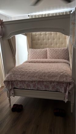 White Canopy Bed Frame with Tufted Headboard