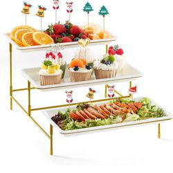 wit Plastic 3 Tier Serving Tray for Party Supplies, 12" x 6.5" Crack-Proof Platters for Serving Food, White Reusable Trays