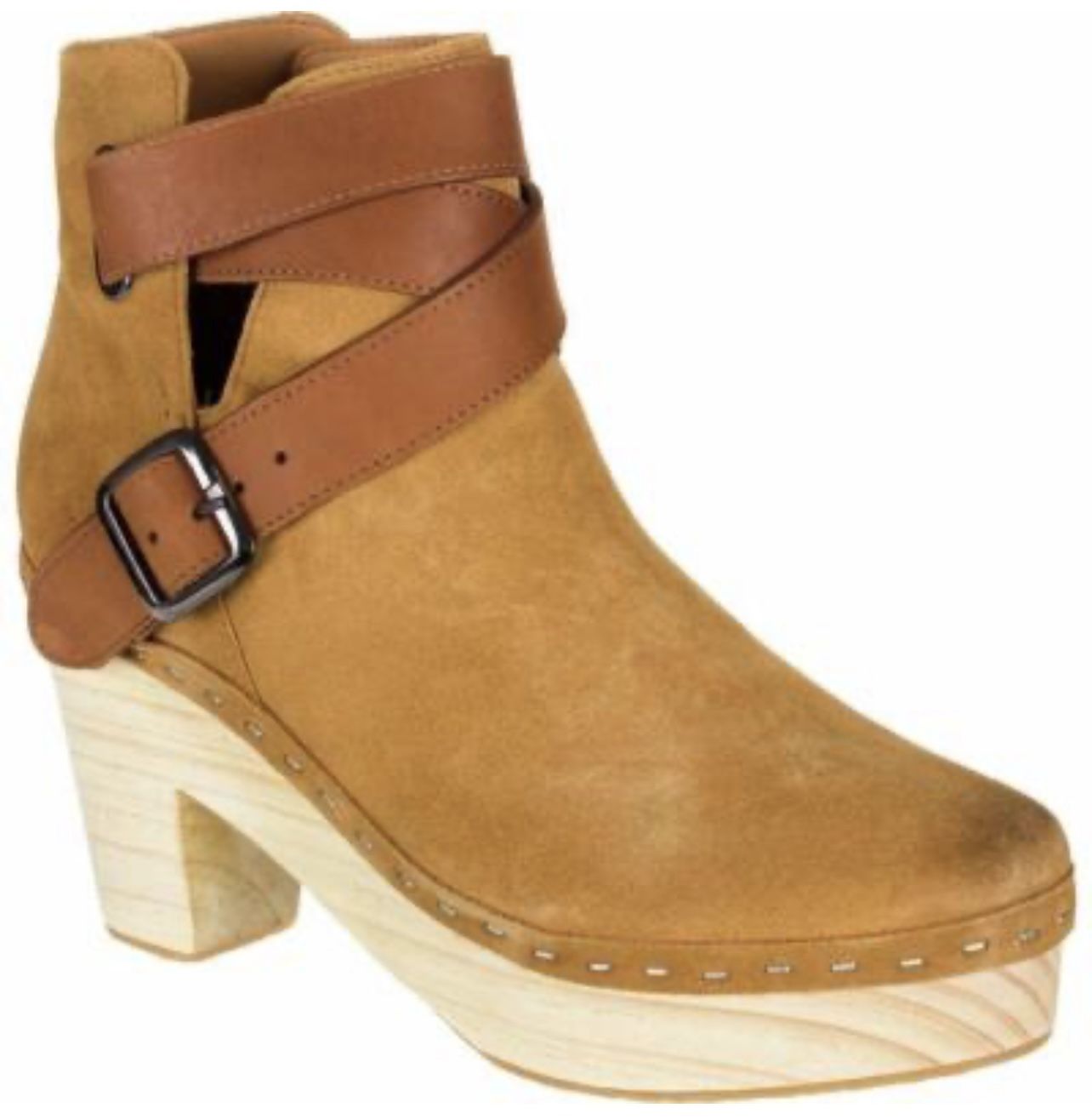 New Free People Bungalow Sand Brown Suede Strappy Wooden Clog Boots Shoes Boho