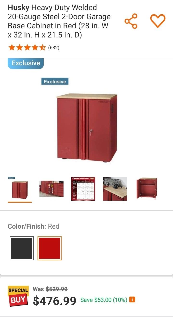 Husky Heavy Duty Welded 20-Gauge Steel 2-Door Garage Base Cabinet in Red (28 in. W x 32 in. H x 21.5 in. D)