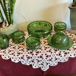 Antique EAPG Northwood Bowls, Emerald Green Pressed Glass With Gold Designs