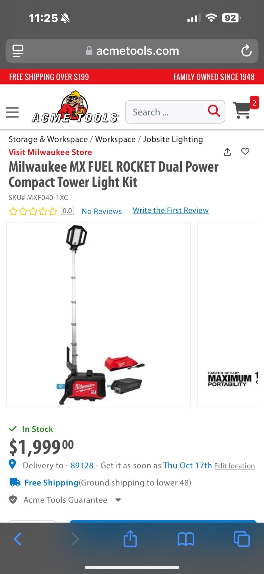 Milwaukee MX FUEL ROCKET Dual Power Compact Tower Light Kit Item No.SKU# MXF040-1XC