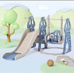 Slide and Swing Set for Toddlers, Baby Swing with Safety Belt for Age 1-6,4 in 1 Playset Toys with Basketball Hoop Indoor Outdoor,Blue