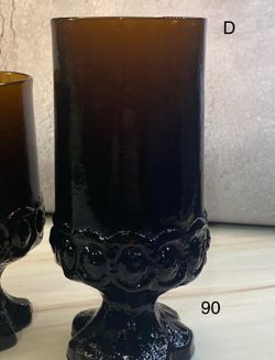 This post is for (6) Letter (D) Vintage 1960s-70s. Tiffin Franciscan Madeira in Smoke Brown.  Footed/Stemmed Heavy Glass Drink-ware. Gothic/mid evil s