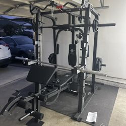 Vesta Fitness Smith Machine 2001 w/Bench Attachment | 230lb Bumpers Weights | 7ft Olympic Bar | Fitness | Gym Equipment | FREE DELIVERY🚚 
