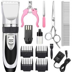 Dog Grooming Clippers, Professional Pet Grooming Kit Rechargeable Pet Shaver Cordless Silent Dog Hair Trimmer with 4 Comb Attachments & Extra Tools fo