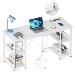 AODK 48 Inch Small Computer Desk with Power Outlets & USB Charging Port, Home Table with Storage Shelves, Student Laptop PC Desks for Small Spaces Hom