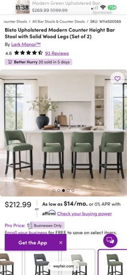 Bisto Upholstered Modern Counter Height Bar Stool with Solid Wood Legs set of 4