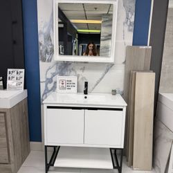 36” Freestanding White Bathroom PVC Vanity Set With White Framed Mirror