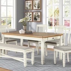 6pc Farm House Dining Table Antique White Finish With Bench